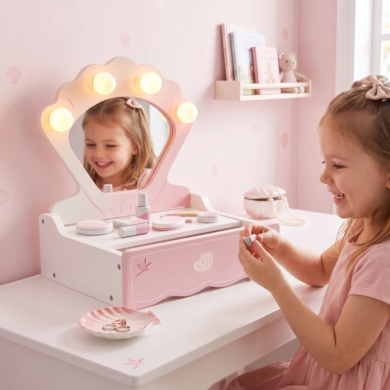 AIYAPLAY Kids Vanity Table, Portable Girls Dressing Table with Lights, Mirror, Drawer, Accessories, Gift for Girls 3-6 Years