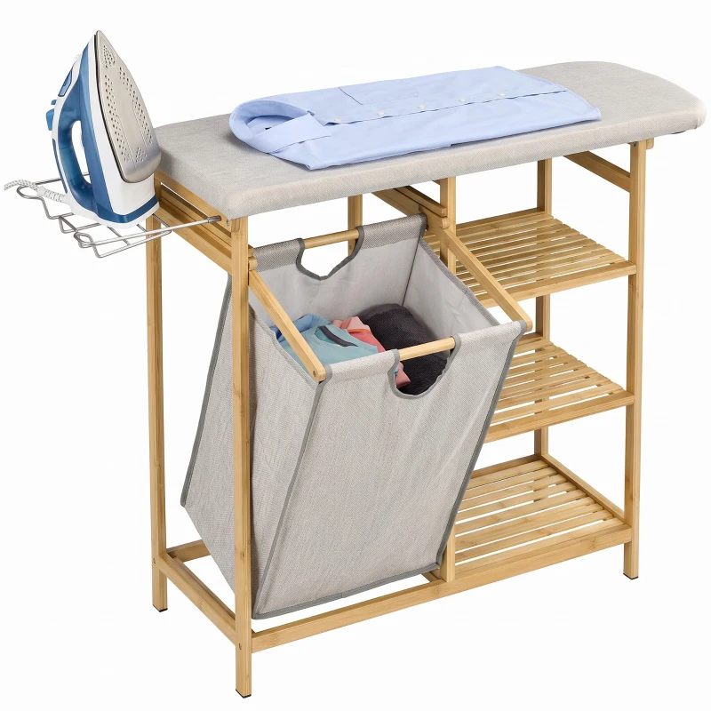 HOMCOM Cesto de Ropa Sucia 57,4L con Tabla de Planchar Soporte para Plancha 3 Estantes y Bolsa Extraíble 113x34x82 cm Natural