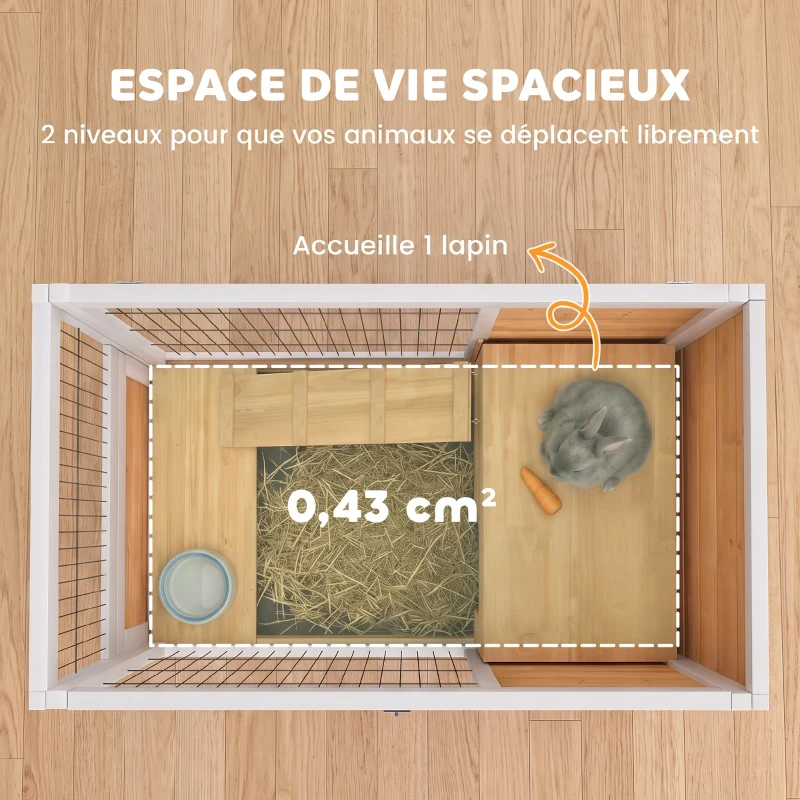 PawHut Clapier lapin intérieur clapier pour cochon d'inde en bois avec toit ouvrant et roulettes 90 x 53 x 59 cm jaune et blanc
