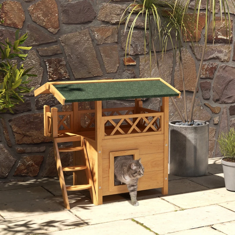 PawHut Cabane Chat Extérieur avec Terrasse, Escalier, Toit, Niche Villa, 77 x 50 x 73 cm Bois Naturel et Vert