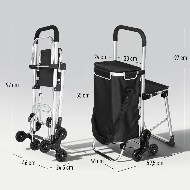 HOMCOM Chariot de courses pliable caddie de courses portable à roulettes avec siège pliable, sac amovible, 46x59,5x97cm, noir