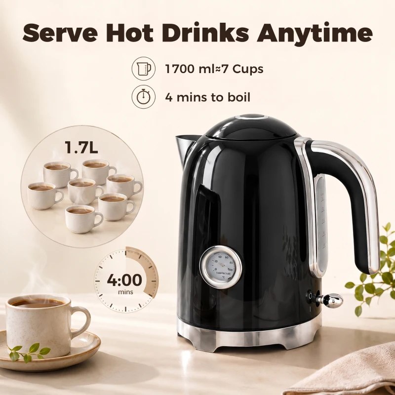 HOMCOM Waterkoker en toasterset met thermometer, 1,7 l, 2200 W waterkoker, 2-sleuven-toaster met 7 bruiningsstanden