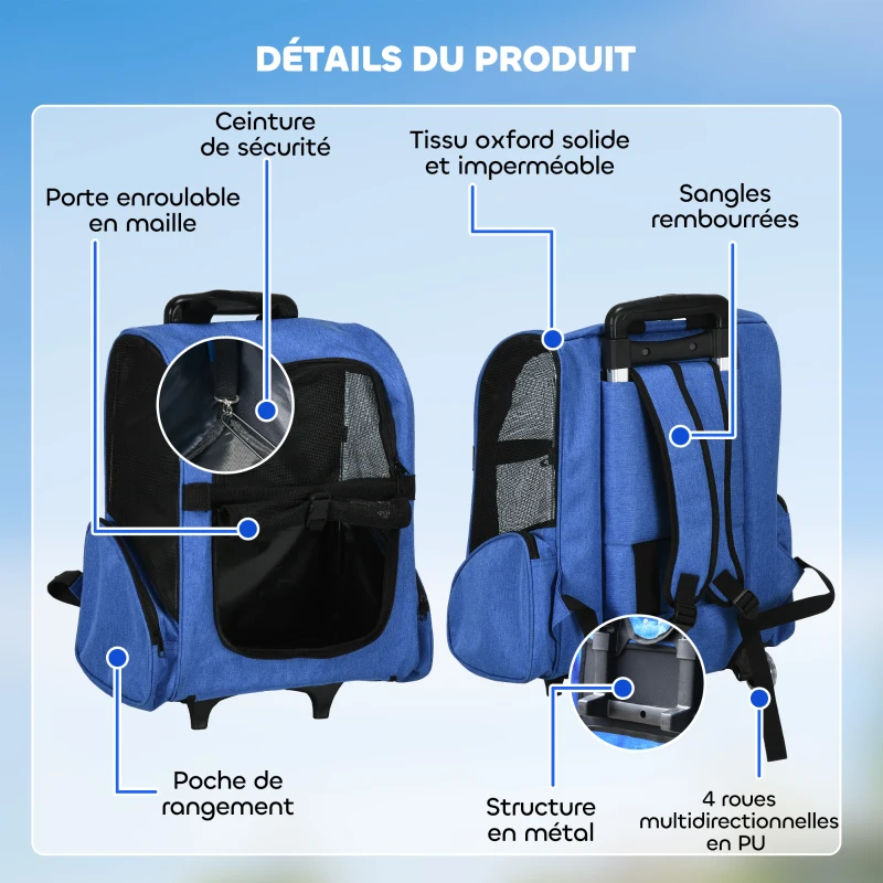 PawHut Sac de transport à roulettes pour chien 2 en 1 trolley chariot sac à dos pour chien chat avec poignée téléscopique, sacs de rangement, aérations, attache de sécurité, 42 x 25 x 55 cm, bleu