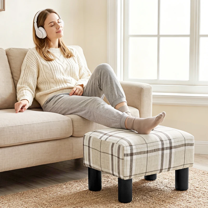 HOMCOM Linen Fabric Footstool Ottoman Cube with 4 Plastic Legs, Multi-colored