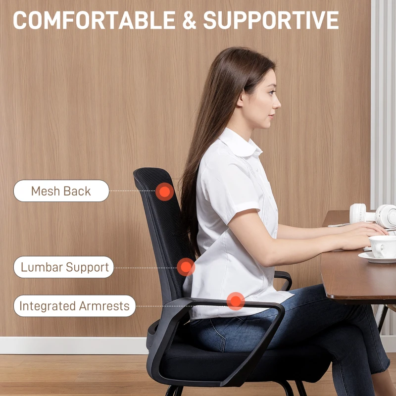 HOMCOM Sedia da Ufficio Senza Ruote Ergonomica con Braccioli per Sala d'Attesa, Nero