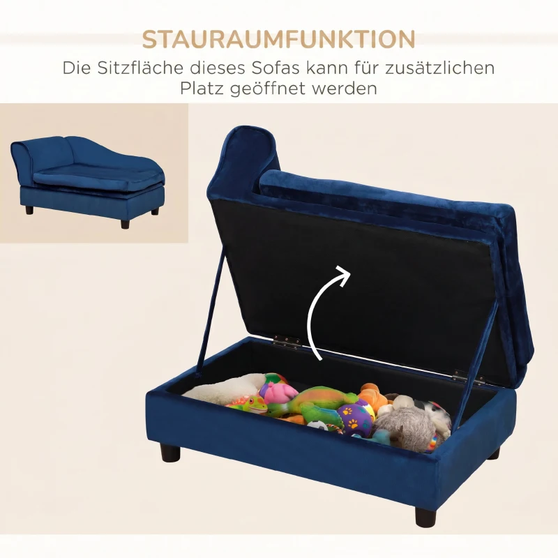 PawHut Sofa dla zwierząt ze schowkiem, miękką poduszką, nośność do 15 kg, pluszowe obicie, rama z twardego drewna, Niebieski