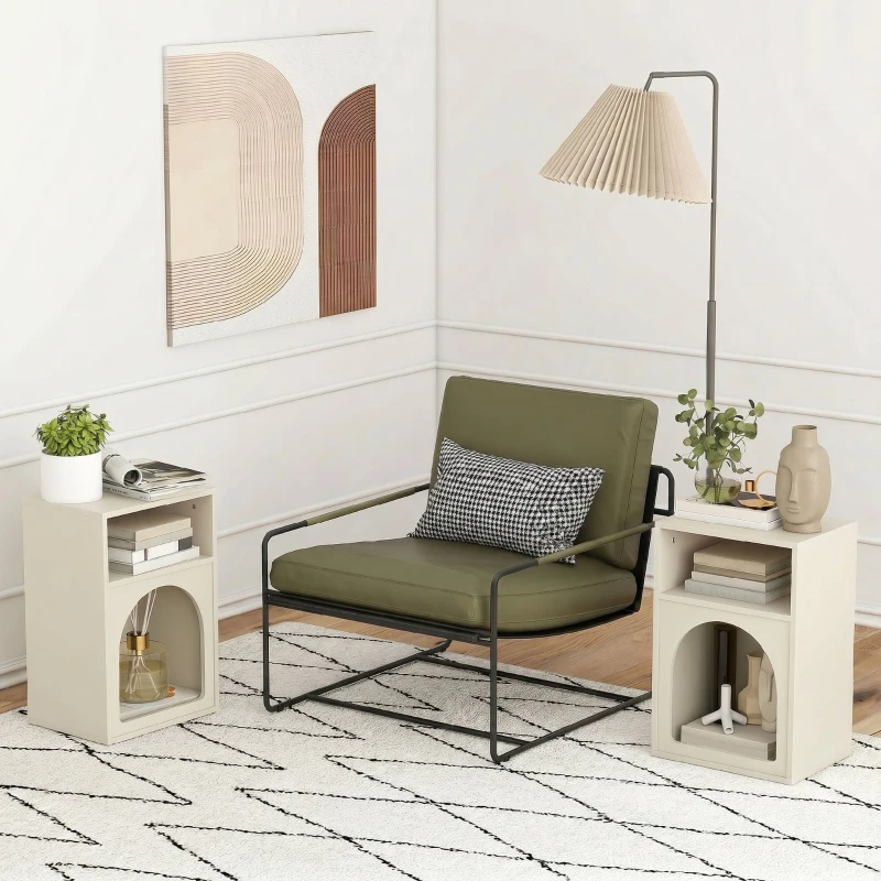 HOMCOM Lot de 2 tables de chevet, table de nuit avec compartiments ouverts, design arqué, 40 x 30 x 60 cm, crème