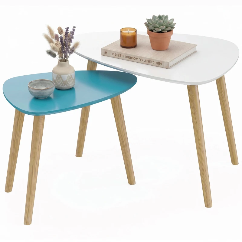 HOMCOM Lot de 2 tables basses gigognes design scandinave pieds en bois et plateau en bois, blanc et bleu