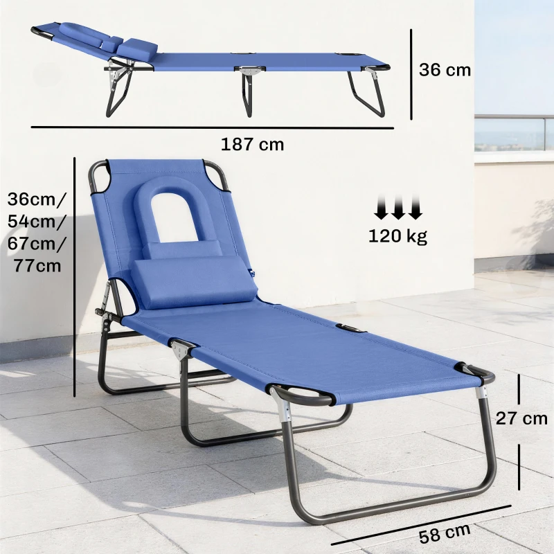 Outsunny Folding Sun Lounger with Face Hole, 4-Position Adjustable Backrest Garden Recliner Chair Sunbed, Outdoor Lounge Chair with 600 D Oxford Cloth Seat, Pillow for Beach, Blue
