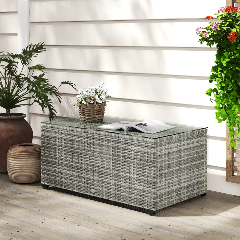 Outsunny 90 x 50cm Glass-Top Rattan Side Table - Light Grey