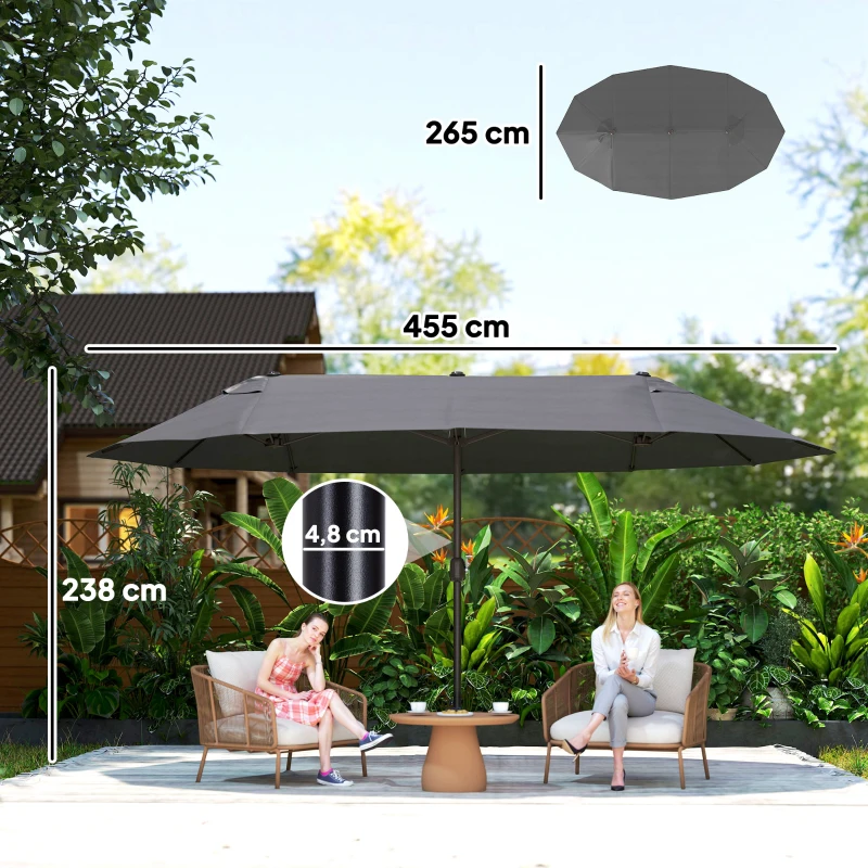 Outsunny Parasol de Jardin Exterieur 4,6 x 2,7 m, Grand Parasol Double Rectangulaire avec Manivelle, Polyester 180 g/m², Gris