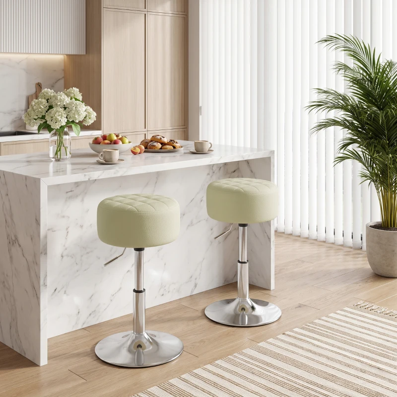 HOMCOM Taburete de Bar en Piel PU con Altura Ajustable, Asiento Acolchado Grueso, Giratorio a 360°, para Península, Blanco