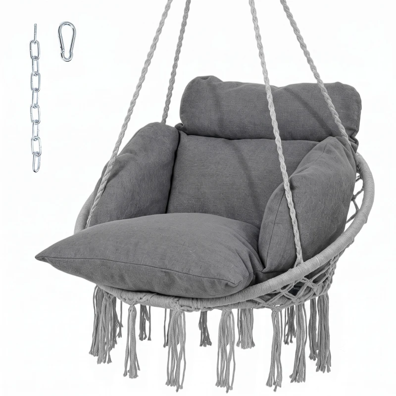 Outsunny Hanging Chair Outdoor Hammock Chair with Soft Cushion, Cotton Rope Boho Style Swing Chair, Hanging Garden Swing Seat for Indoor Outdoor, Dark Grey