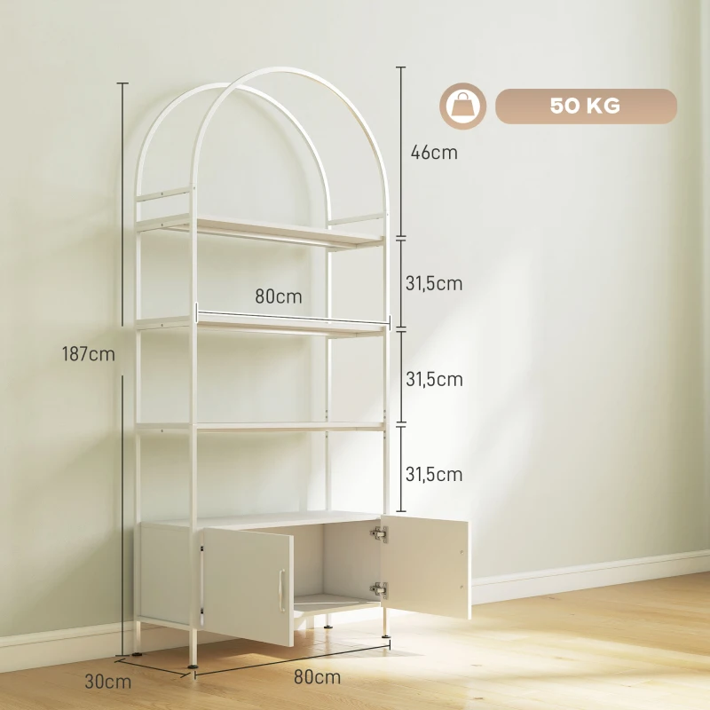 HOMCOM Étagère de rangement, bibliothèque arquée à 4 niveaux avec placard double porte, 80 x 30 x 187 cm, blanc