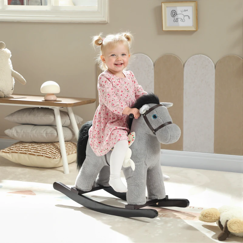 AIYAPLAY Cheval à bascule pour enfants, jouet à bascule bébé en peluche avec eouetffet sonore et poupée, 71 x 26 x 55 cm, gris