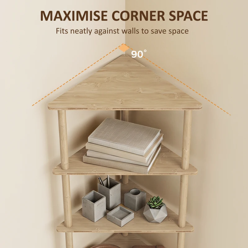 HOMCOM Bamboo Storage Shelf, 5-tier Corner Shelf, Freestanding Shelving Unit for Living Room, Home Office, Natural Wood Finish