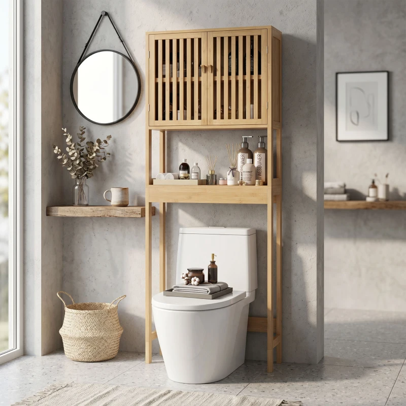 HOMCOM Estante para WC móvel de casa de banho acima do vaso WC com armário 2 portas e prateleira aberta bambu
