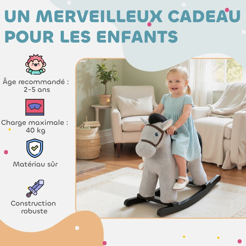 AIYAPLAY Cheval à bascule pour enfants, jouet à bascule bébé en peluche avec eouetffet sonore et poupée, 71 x 26 x 55 cm, gris
