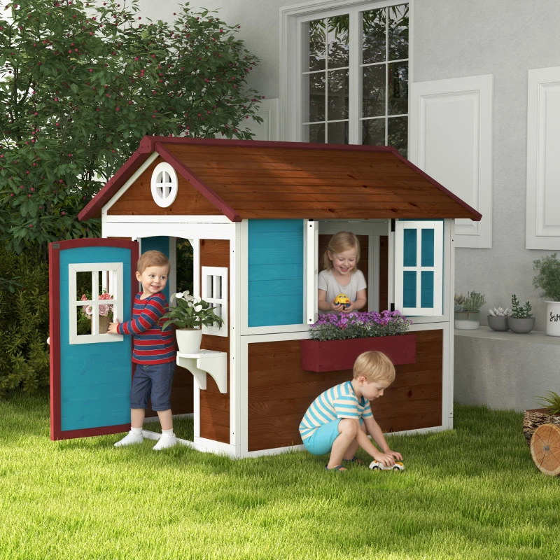 Outsunny Wooden Playhouse with Doors, Windows, Plant Pots, Boxes, for 3-8 Years - Dark Brown