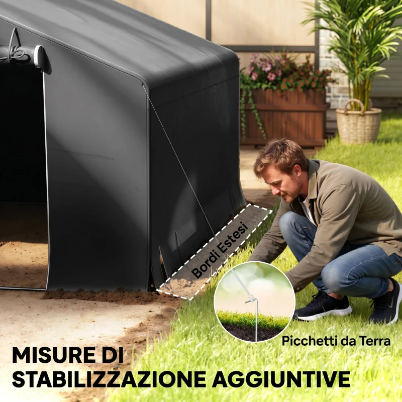 Outsunny Garage Moto per Esterno Portaoggetti 3x3 m Impermeabile con Porta e Prese d'Aria Avvolgibili, per Biciclette e Attrezzi, Grigio Scuro