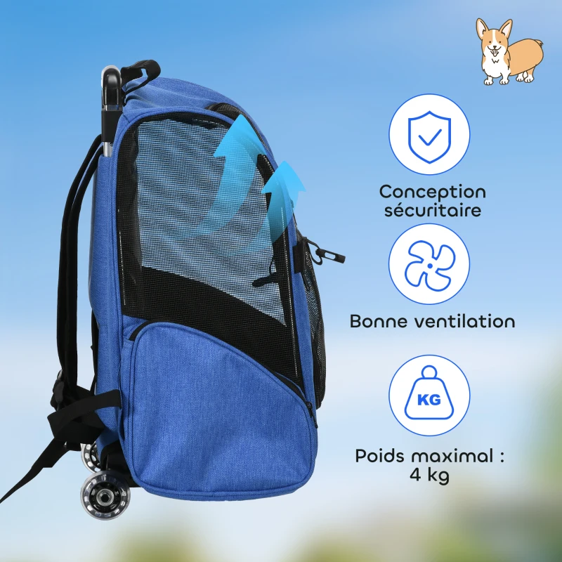PawHut Sac de transport à roulettes pour chien 2 en 1 trolley chariot sac à dos pour chien chat avec poignée téléscopique, sacs de rangement, aérations, attache de sécurité, 42 x 25 x 55 cm, bleu