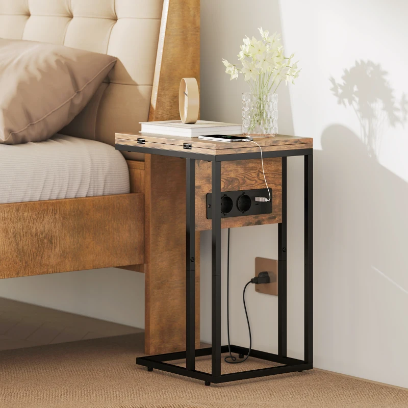 HOMCOM Table d'appoint bout de canapé avec station de charge, plateau pliable, 39 x 29 x 57 cm, brun rustique et noir
