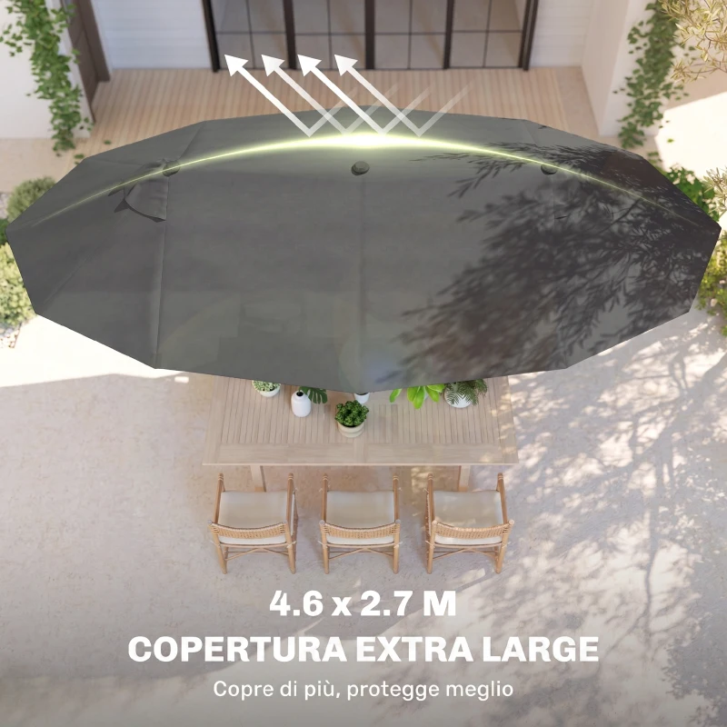 Outsunny Ombrellone da Giardino Doppio da Giardino 4.6x2.7 m a 12 Stecche con Prese d'Aria e Manovella, Ombrellone per Esterno in Acciaio e Poliestere, Anti UV, per Balcone e Terrazza, Grigio