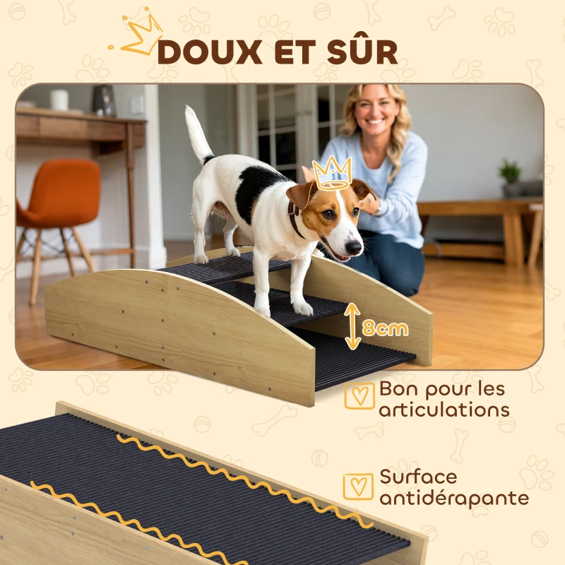 PawHut Bascule Chien Agility Réversible 2-en-1 Escalier pour Chien 3 Marches en Bois 80x39,5x20cm, Bois Naturel