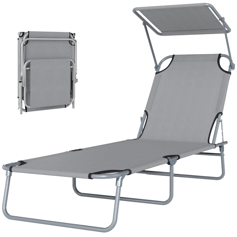 Outsunny Folding Sun Lounger with Canopy, Reclining Sunbed with 4-Position Adjustable Backrest, 600D Oxford Cloth, Portable Garden Lounger Recliner Chair for Beach, Camping, Patio, Light Grey
