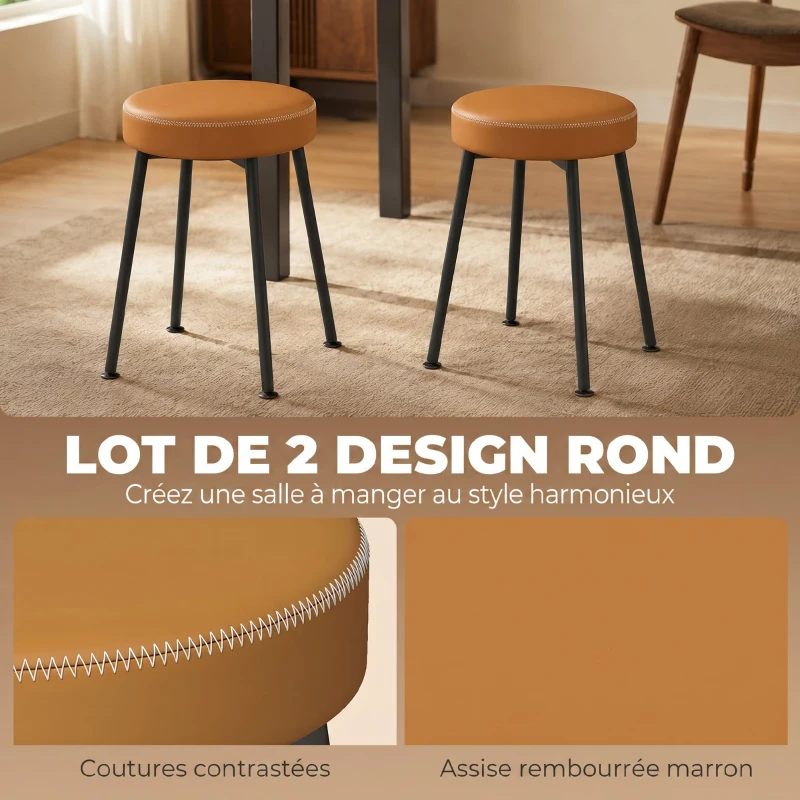 HOMCOM Lot de 2 chaises de salle à manger rondes, chaises de cuisine empilables avec assise rembourrée en PU, marron et noir