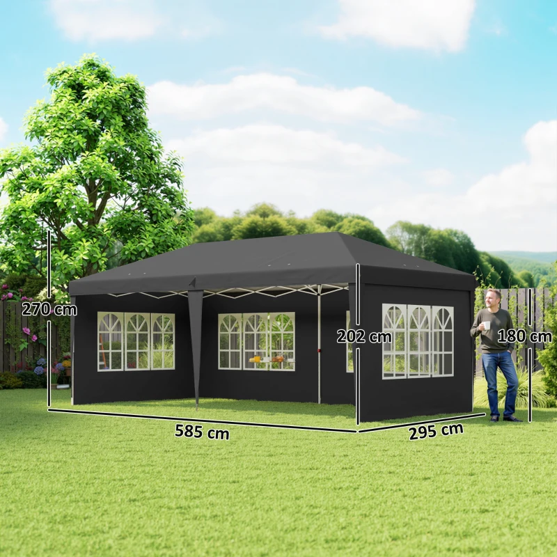 Outsunny Pavillon ca. 3x6m Wasserdicht Pop-up Faltpavillon mit 4 Seitenwänden, Fenster UV-Schutz Tragetasche Schwarz