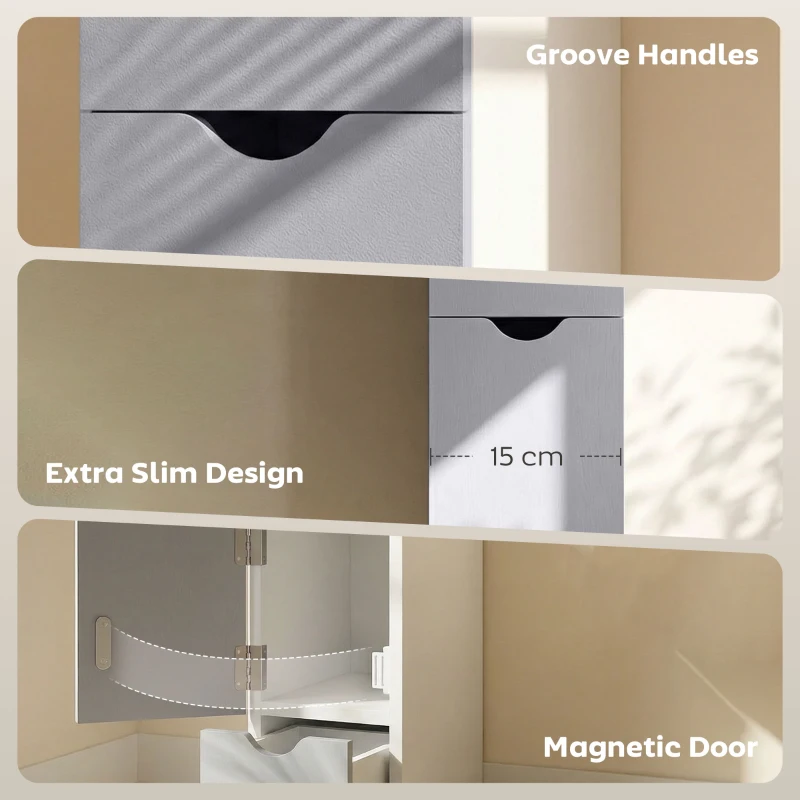 HOMCOM Tall Bathroom Cabinet, Freestanding Slim Bathroom Storage Cabinet with 2-Tier Open Shelf and 2 Drawers for Small Space, Narrow Cupboard Storage Unit, White and Grey