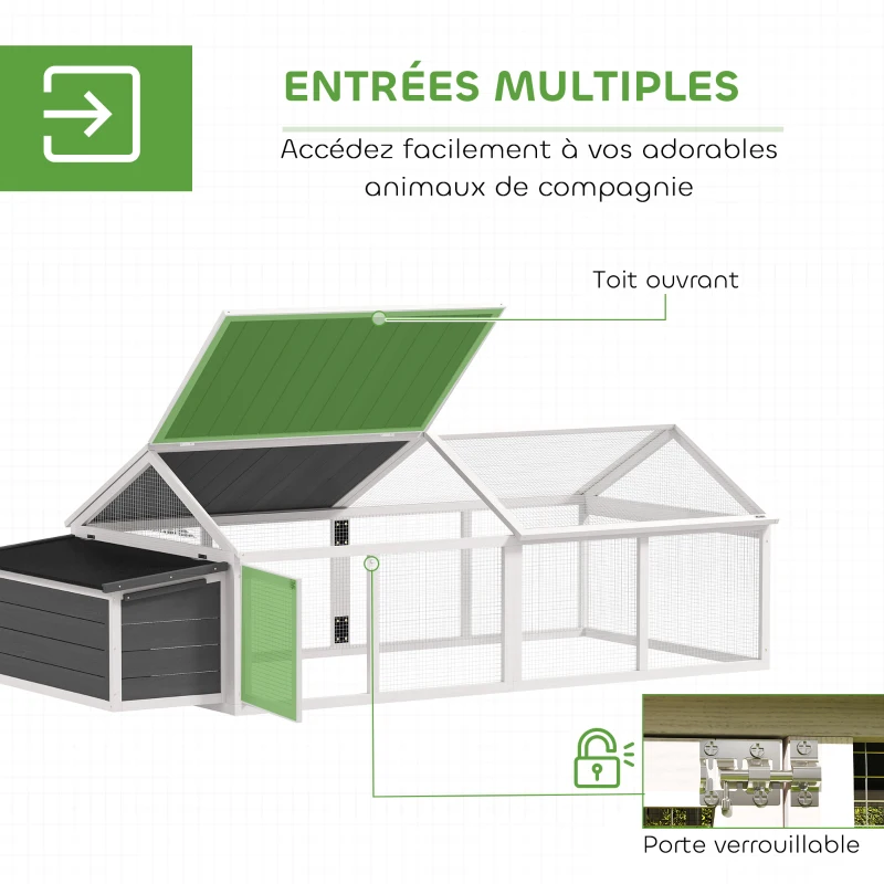 PawHut Poulailler pour poules cage à poule avec nichoir porte et toit ouvrable pour 4 et 8 poules 240 x 112,5 x 76 cm blanc