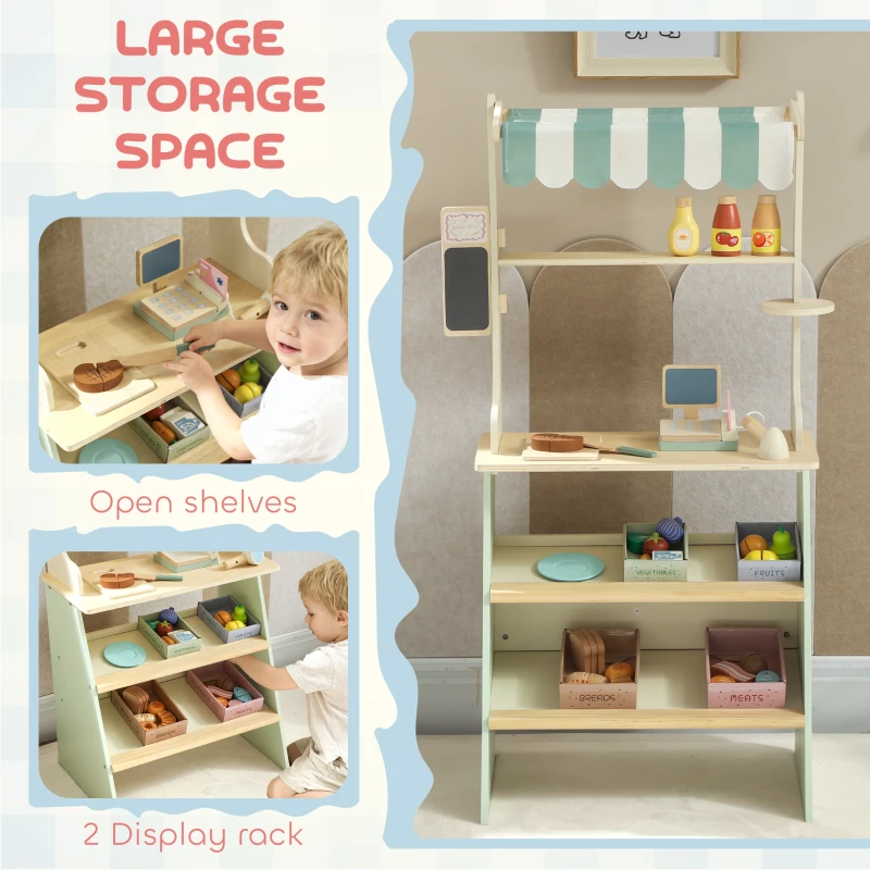 AIYAPLAY Wooden Toy Shop, Wooden Market Stall with Cash Register, Blackboard and Toy Food, 4 Storage Boxes, Ages 3+, Green