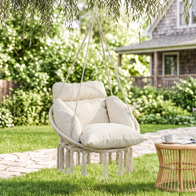Outsunny Hanging Chair Outdoor Hammock Chair with Soft Cushion, Cotton Rope Boho Style Swing Chair, Hanging Garden Swing Seat for Indoor Outdoor, Cream White