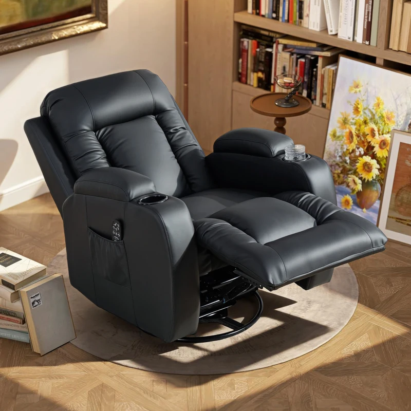 HOMCOM Fauteuil inclinable de massage et chauffage, fauteuil de relaxation, dossier réglable, pivotant 360°, 82x99x103cm, noir
