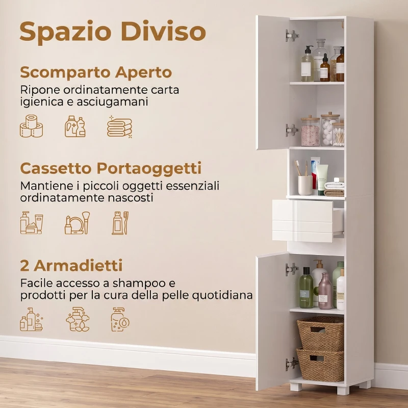 HOMCOM Mobiletto Bagno Alto Lucido con Cassetto e Ripiani Regolabili