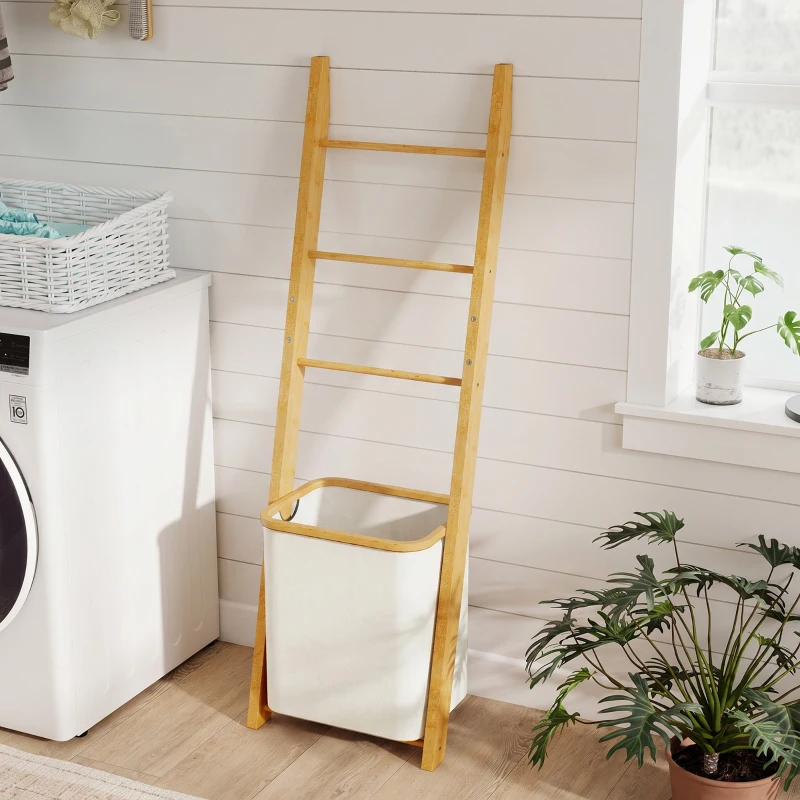 HOMCOM Porte-Serviettes Bambou avec Panier à Linge, Échelle Porte-Serviettes avec 1 Panier à Linge, 43 x 35 x 133 cm, Crème