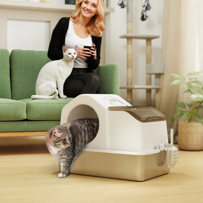 PawHut Lettiera per Gatti Chiusa con Tappetino Raccogli-sabbia, in Acciaio Inox, ABS e PP, 60.5x40.5x45 cm, Bianca e Argento