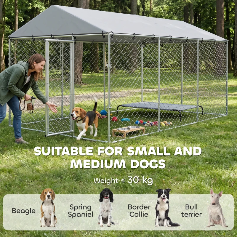 PawHut Recinto per Cani da Esterno con Rete Zincata e Serratura, in Acciaio e Tessuto Oxford, 4x2.3x2 m, Argento