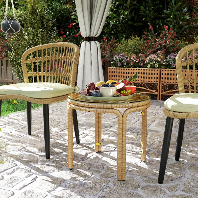 Outsunny Table d'appoint en résine tressée ronde, table basse de jardin avec plaque verre, facile à nettoyer Ø 50 x 44 cm, jaune
