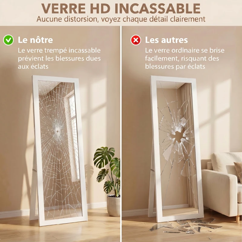 HOMCOM Miroir sur pied mural ou à poser rectangulaire avec cadre en bois pour salon chambre à coucher 37 x 155 cm blanc