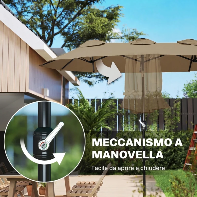 Outsunny Ombrellone da Giardino Doppio Inclinabile con Apertura a Manovella, 295x152x222 cm, Cachi