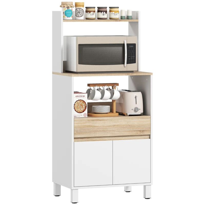 HOMCOM Meuble micro onde, buffet cuisine avec placard tiroir étagère supérieur, 60 x 40 x 131 cm chêne et blanc