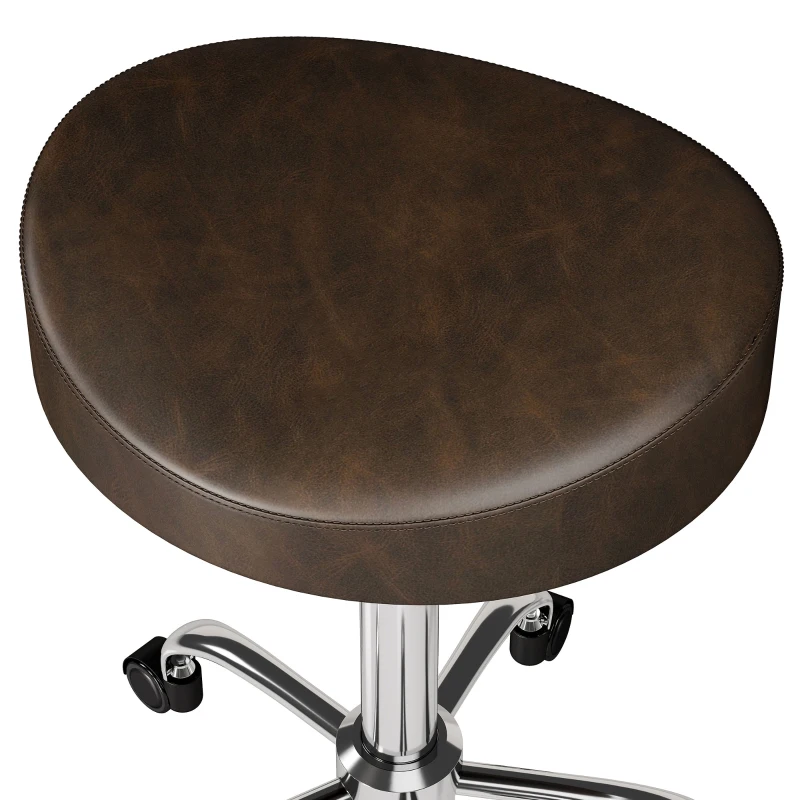 HOMCOM Tabouret à roulettes, tabouret de salon avec hauteur réglable 51-66 cm et assise rembourrée, pivotant 360°, marron