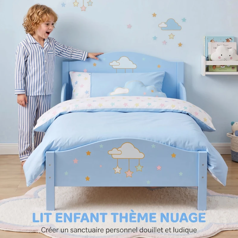 AIYAPLAY Lit Enfant 70 x 140 cm, Lit pour Enfant avec Barrière de Sécurité et Sommier à Lattes en Bois, Motif Nuage, Bleu