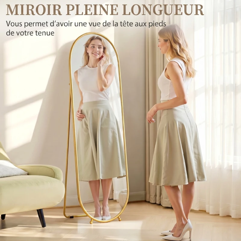 HOMCOM Grand miroir sur pied, miroir ovale, cadre en métal doré, avec support pour entrée, chambre, dressing, 40 x 160 cm