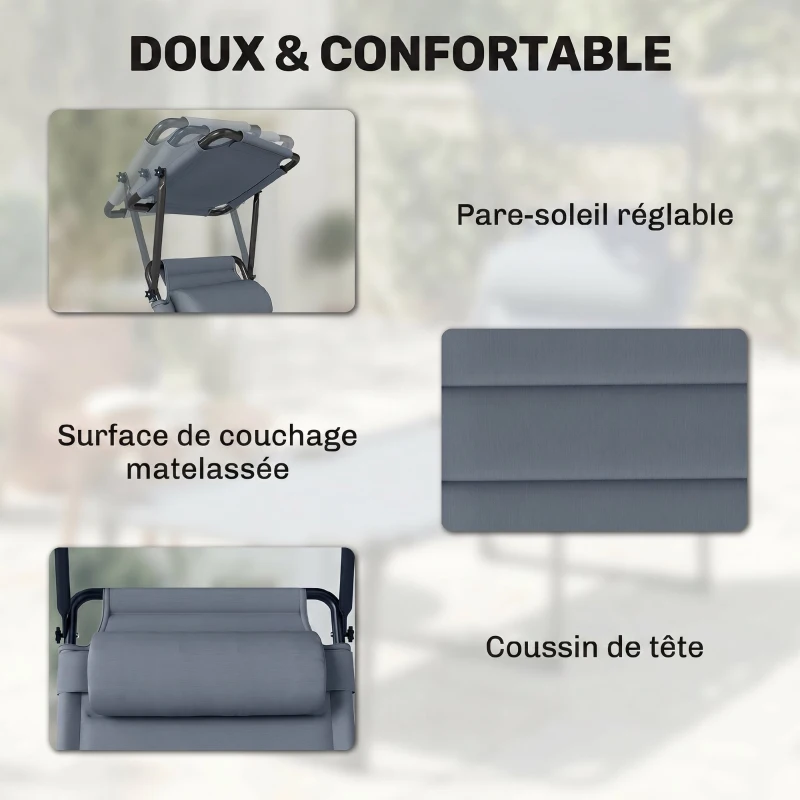Outsunny Bain de soleil chaise longue pliante avec pare-soleil, appuie-tête inclinable en tissu Oxford 70 x 200 x 45 cm gris
