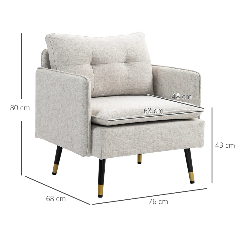 HOMCOM Fauteuil scandinave dossier capitonné avec passepoil en tissu 76 x 68 x 80 cm crème et pieds en métal noir et doré