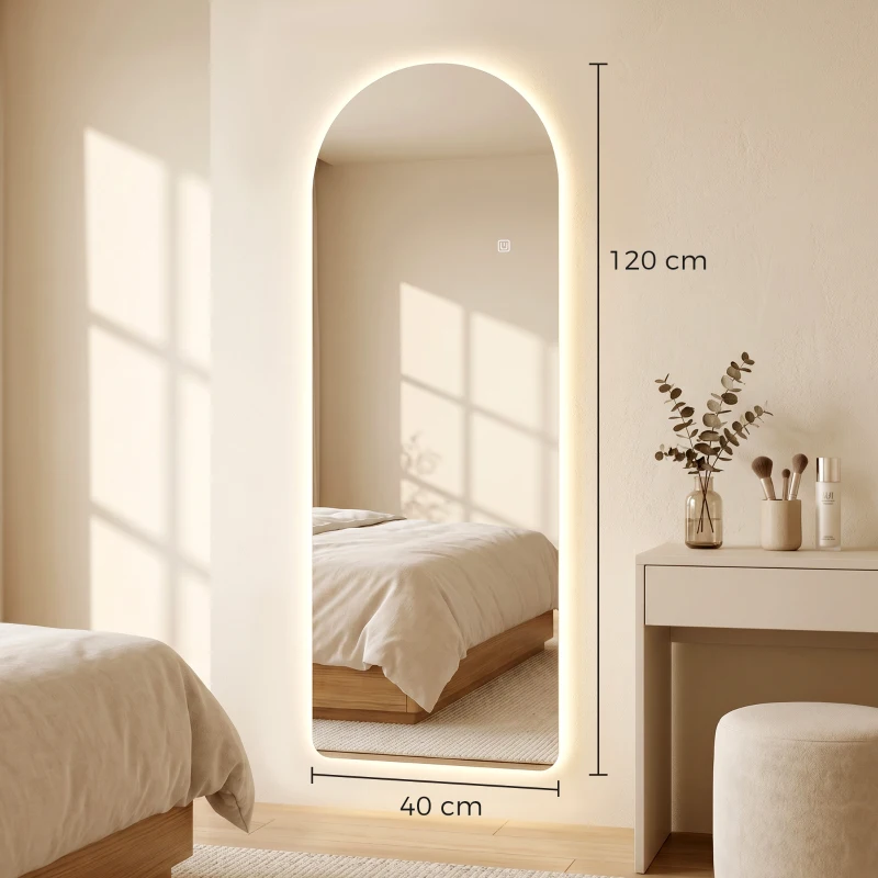HOMCOM Grand miroir mural 120 x 40 cm avec éclairage LED miroir arqué, intensité variable et 3 couleurs d'éclairage transparent